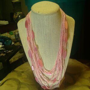 20 inch Pink Vintage multi strand Opaline Glass Seed & Pink Satin Necklace